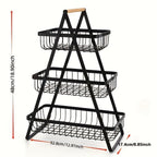 Freestanding Tiered Metal Wire Storage Basket with Wood-Tone Top Handle in Two- or Three-Tier Options