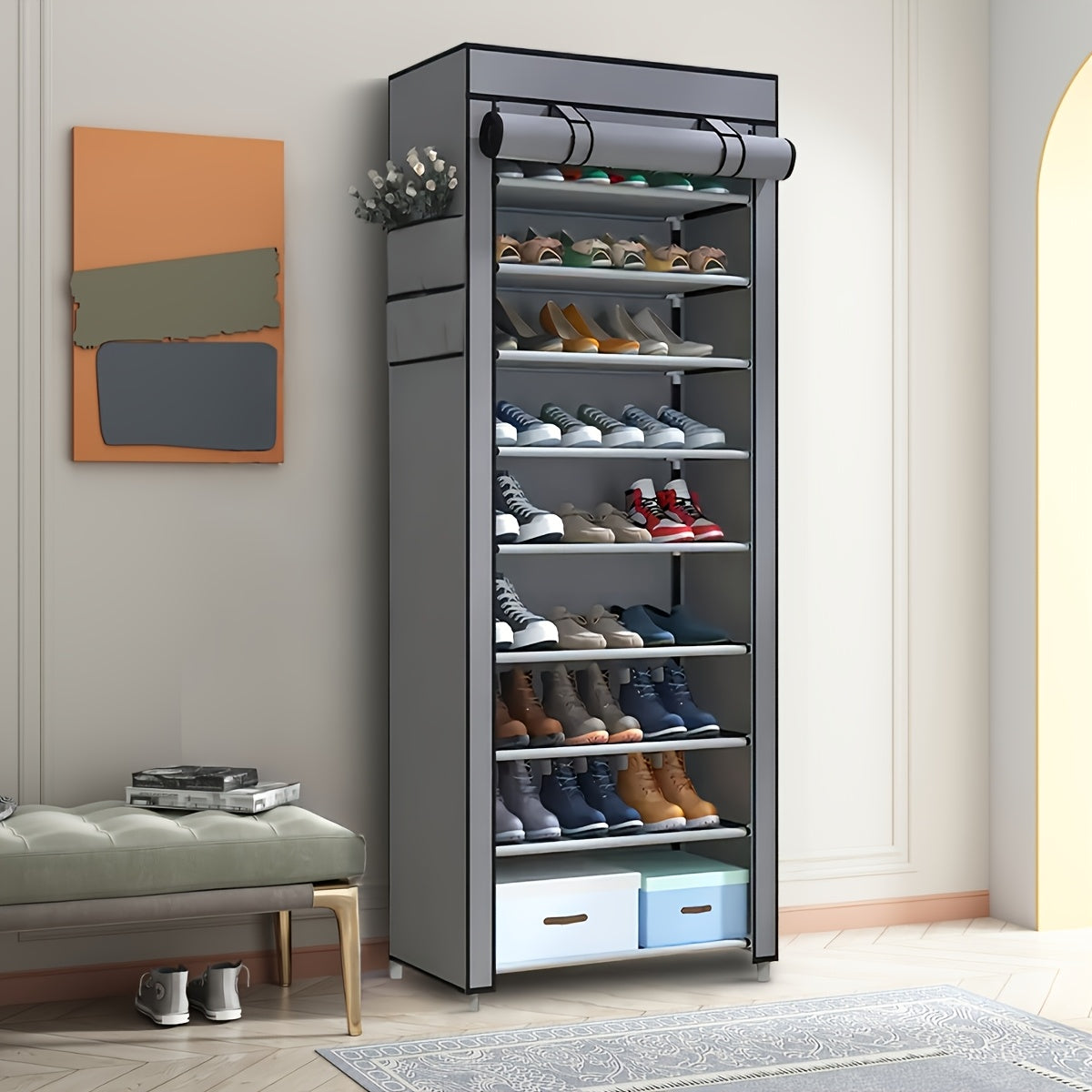 Shoe Cabinet, Furn Mivo Tall Gray Fabric-Cover Organizer with 7-Layer and 9-Layer Configurations