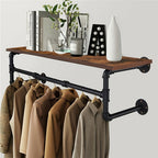 Wall-Mounted Garment Rail with Dark Pipe Frame, Rectangular Wood Shelf, Three Hooks and 100cm Width